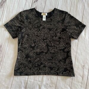 Talbots Paisley Print Short Sleeve Top Women’s Black Tan Stretch Casual Gorpcore